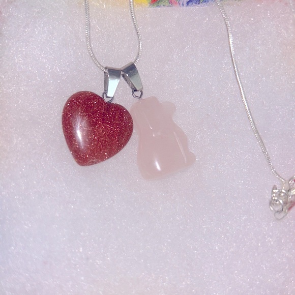 Boho Hippie Rose Quartz Crystal Dog and Goldstone Heart Silver 16” Necklace - Picture 5 of 6